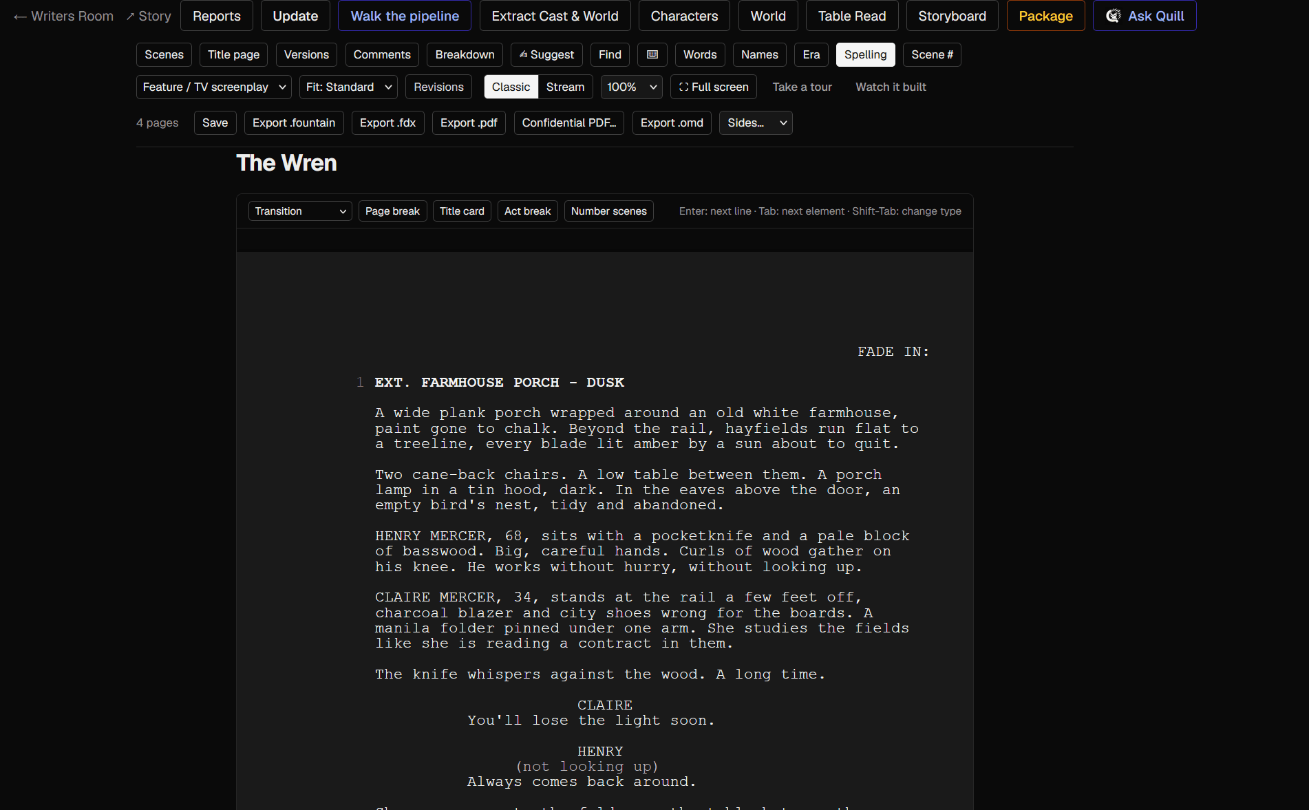 One More Draft's screenplay editor showing the sample screenplay The Wren, with industry-standard scene headings and dialogue formatting